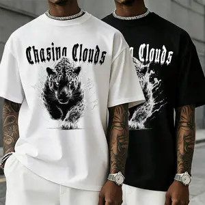 Men’s dark gothic street 100% cotton T-shirt featuring a “Chunyun” mythic snow leopard animal print with a smoky texture; a TikTok trend for 2025. Loose oversized urban streetwear short sleeves—perfect for everyday wear, commuting, and street photography.