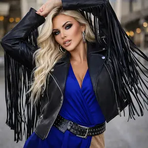 Black Faux Leather Fringe Jacket Cropped Western Jacket Trendy Streetwear Festival Cowgirl Coat for Women Womenswear Tops Outerwear Long Sleeve Cute Everyday Fit Outfit Piece Pockets Style Vibe