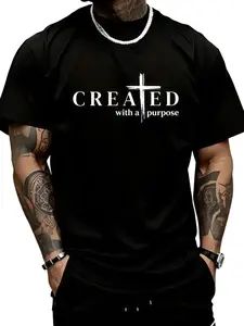 Men’s “Created with a Purpose” Christian graphic T-shirt, cross faith quote print Tee, casual crew neck, perfect for church outfits, faith wear Cotton Menswear Crewneck Top Womenswear Streetwear Tshirt