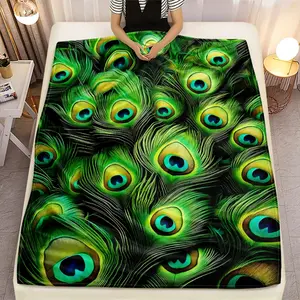 Peacock feathers green blue pattern printed blanket exotic bird blanket soft flannel blanket for bedroom living room decor gift