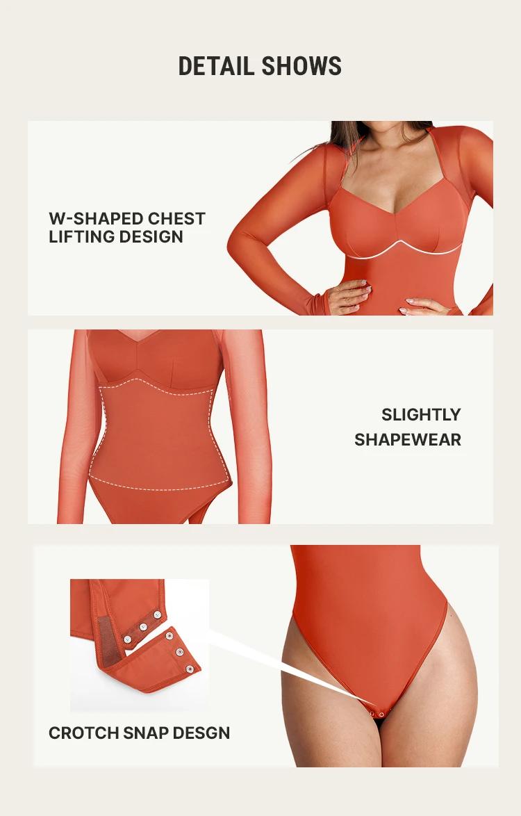 FeelinGirl Women's Mesh Bodysuit Fitted Chic Basic Medium Length Long Sleeve Top & Comfortable Underwear for Fall SummerVibes