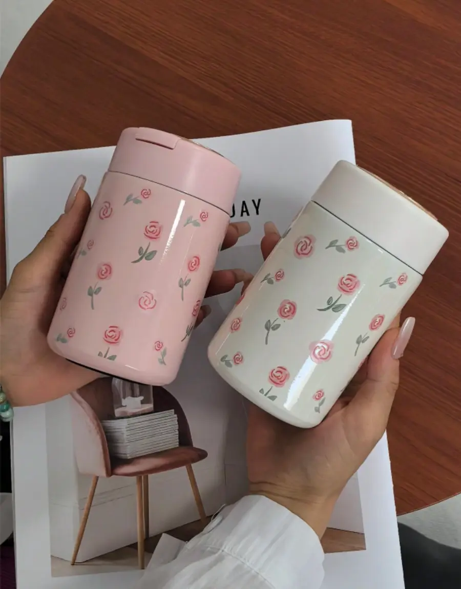 260ml Red Rose Mini Stainless Steel Vacuum Insulated Water Bottle Pocket Travel Mug with Retractable Handle Hot Cold Cup