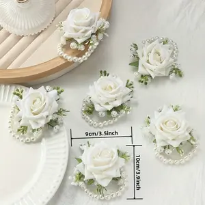 6pcs Rose Flower with White's Breath Bride Bridesmaid Mother Mother-in-law High-end Pearl Chain Wrist Flower Suitable Wedding Party, Anniversary, Dinner Ball