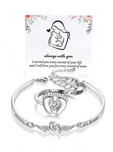 Angel Mom Memorial Jewelry Set, Baby Footprint Wings Bracelet and Ring, Comfort Gift for Loss of Child, Mother's Day Keepsake