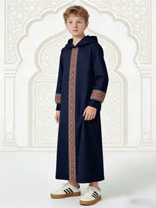 Hooded Robe Set, Thobe, Ethnic Style 3D Print Embroidery, Middle Eastern Muslim Daily Prayer Wear, Casual Loose Parent-Child Fit