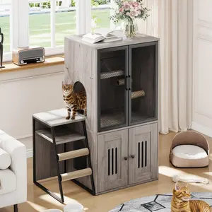 Cat Litter Box Enclosure with Doors, Double Cat House with Storage Space, Enclosed Litter Box Furniture with Ladder, Grey