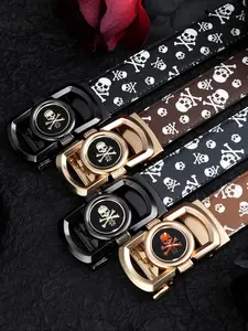 Men's Punk Style Skull Print Automatic Buckle Belt, Fashion Design Belt for Party, Daily Clothing Decor, Trendy All-match & Exquisite Belt for Birthday Gift