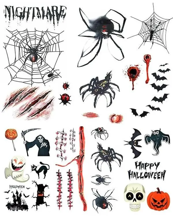 Kids Halloween Temporary Tattoos, Cute Ghost Pumpkin Bat Spider Body Stickers, Waterproof Party Favor Decorations for Trick or Treat and Classroom Activities