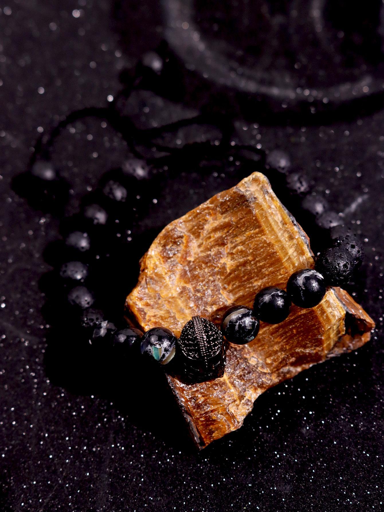 Pair of stylish, minimalist, luxurious, unique, cool, and refined bracelets featuring a Spartan helmet design and volcano stone beads for men—ideal for everyday wear, holidays, parties, and streetwear jewelry.