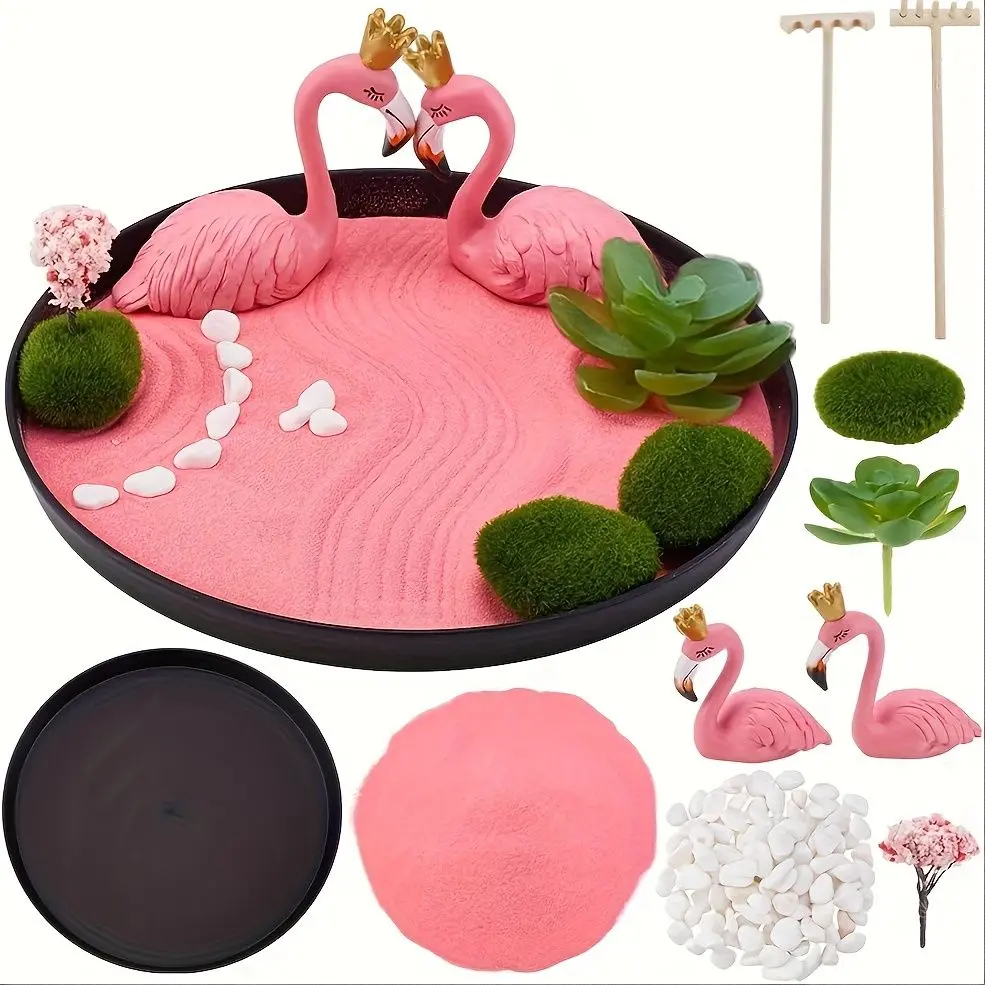 Flamingo Zen Garden Desk Set, Halloween Gift, Cute Flamingo Women's Gift Set, Mini Zen Garden Sand Table, Pink Room Decoration Aesthetics, Home Office Desk Decoration, Sand Therapy Set Kit Decor