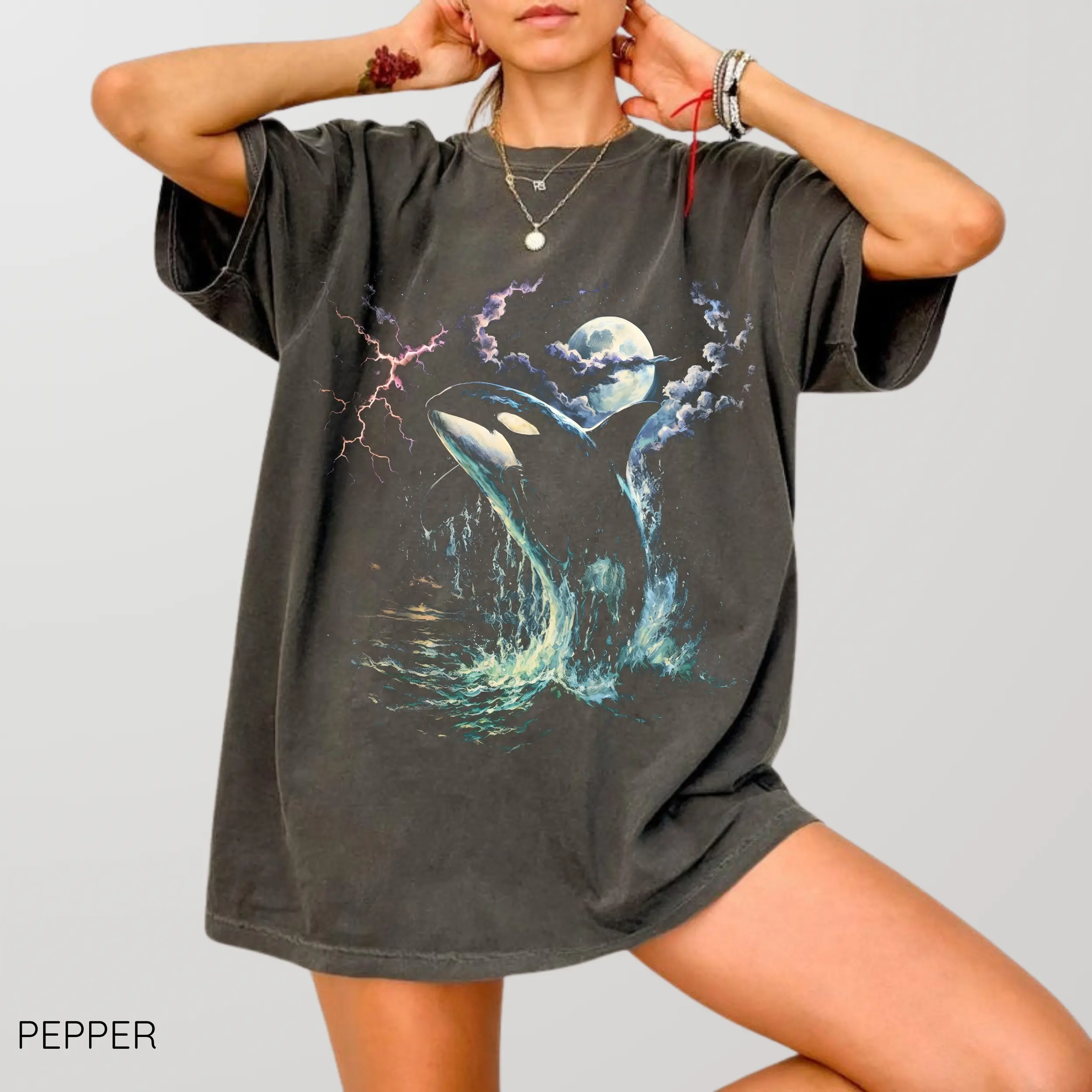 Comfort Colors Vintage Orca Midnight 90s Graphic T-Shirt, Retro Killer Whale TShirt, 90s Ocean Wildlife Lightning TShirt Gift For Her, Cotton Fabric