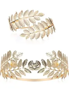2pcs Greek Goddess Accessories Gold Plated Leaf Headband Arm Cuff Set Adjustable Toga Halloween Costume Jewelry Crown Armlet for Women Party Wedding