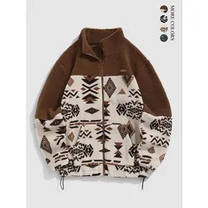 Men’s ethnic-patterned zip-up plush sportswear for autumn and winter, featuring a casual long-sleeve design with a drawstring; suitable for everyday wear.