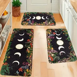 3pcs Set Bohemian Kitchen Mat, Moon Mat, Spring Kitchen Mat,  Kitchen Comfort Standing Mat, Flannel Material , Soft and Comfortable, Easy to Clean, Suitable for Bedroom, Living Room, Dining Room, Kitchen,  Floor Mat
