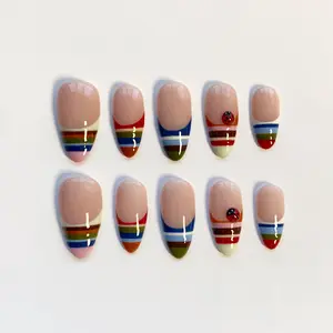 Cute Kawaii Press On Nails, Colorful Striped French Tip & Ladybug Rainbow Design, Green Long Almond Nails, Holiday Christmas Nail Art, Trendy Handmade Gift for Women