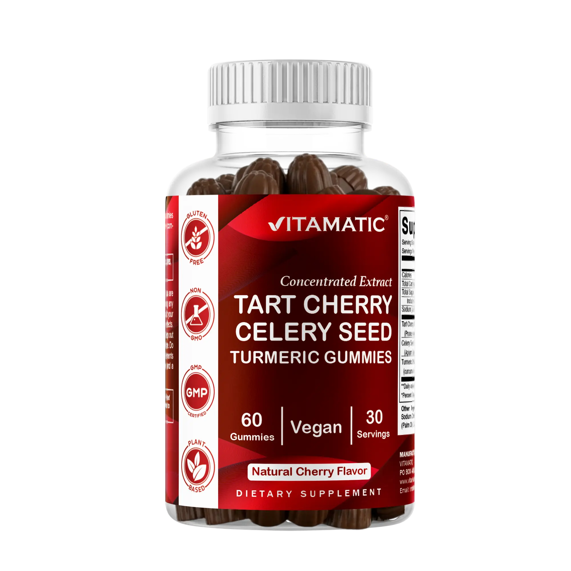 Vitamatic Tart Cherry (360 mg) with Celery Seed (30 mg) 10:1 Extract & Turmeric 20:1 Extract (10 mg) - (Per Serving/2 Gummies) - 60 Gummies