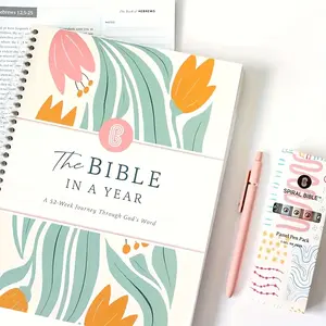 Women's One Year Bible Study Guide Spiral Bound Christian Journal with Pastel Floral Design Beige Pink Teal Orange Green Weekly Verses Reflection Questions Prayer Prompts