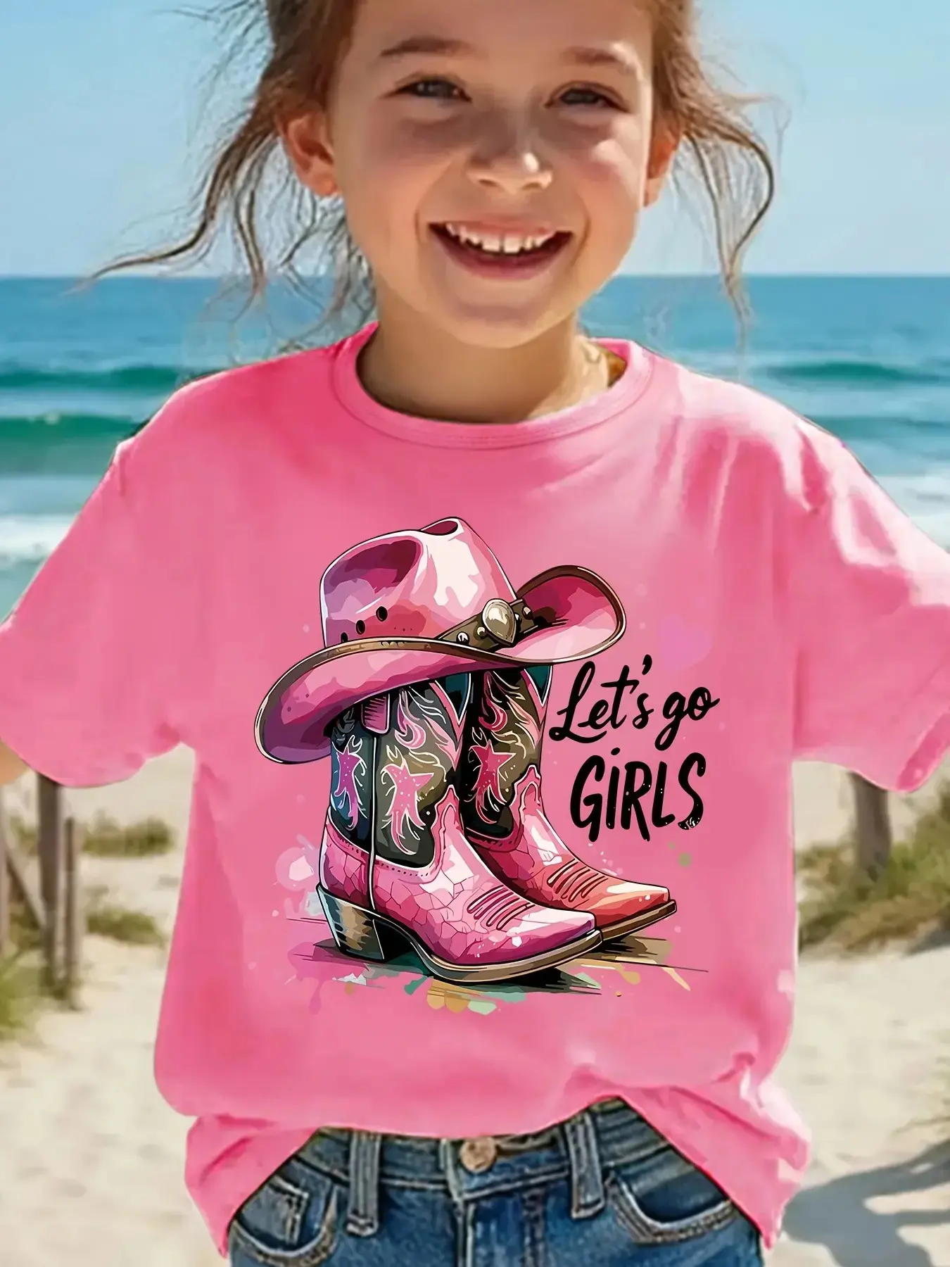 Toddler Girls' Western Cowboy Print Graphic T-Shirt - Soft Lightweight Cotton, Scoop Neck, Short Sleeve Basic Tops, Casual Events, Fade Resistant, Prop 65 Safe (2-3Y, 4-5Y, 5-6Y, 6-7Y)