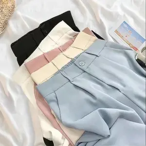 Women's Fashion High Waist Straight Solid Trouser Casual Office Lady Streetwear Button Up Elastic Nine Points Pant Regular Fit Broadcloth Material