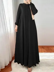 Women's Casual Loose Plain Dress, Round Neck Long Sleeve Button A-Line Design, Modest Dress, Perfect for Daily, Travel, Commuting, Long Sleeve Dresses, Modest Style Dress