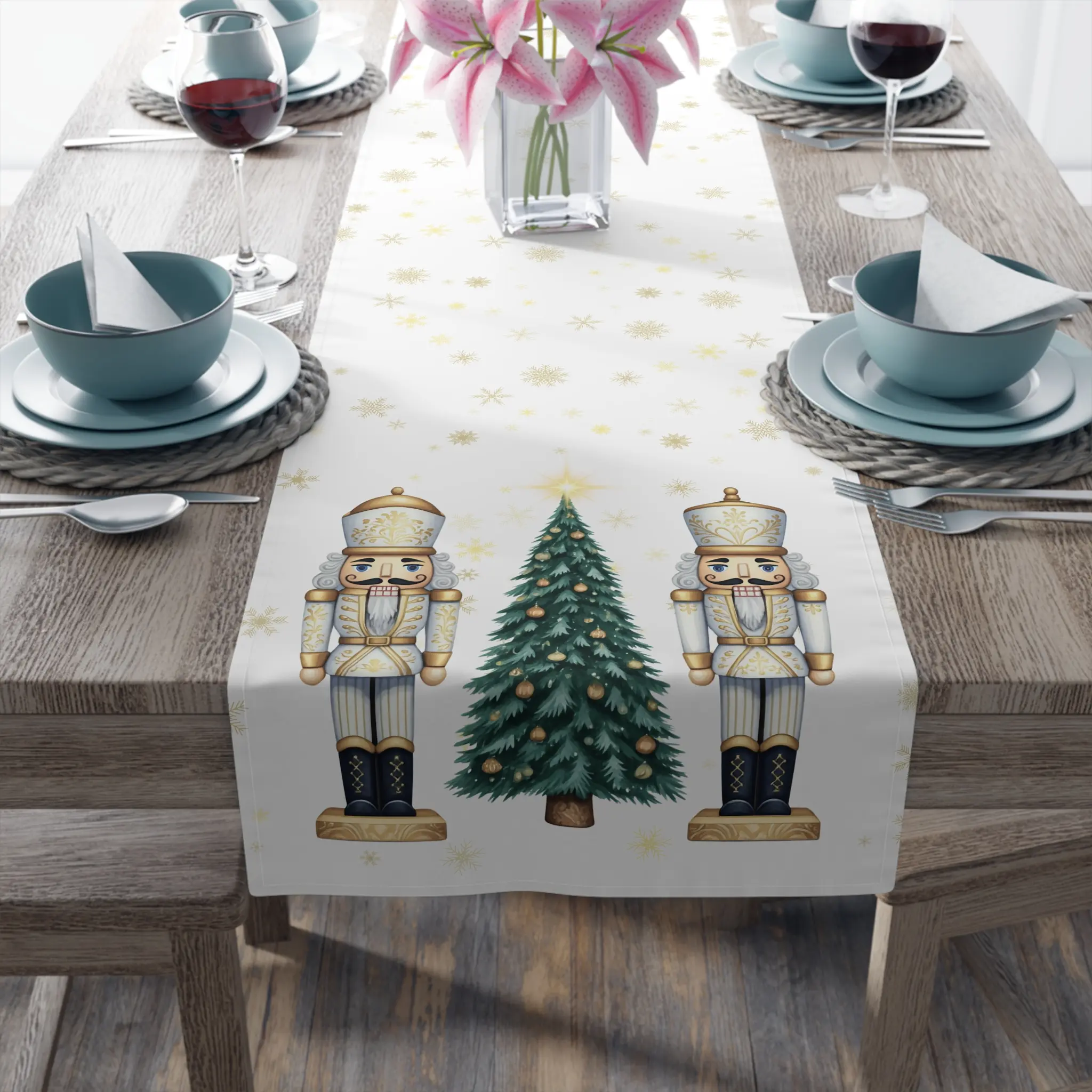 Christmas gold and white Nutcrackers, Holiday Decor, Festive Dining, Xmas Kitchen Tree Decoration, Winter Home Decor, Snowflake Table Runner Cotton Gift