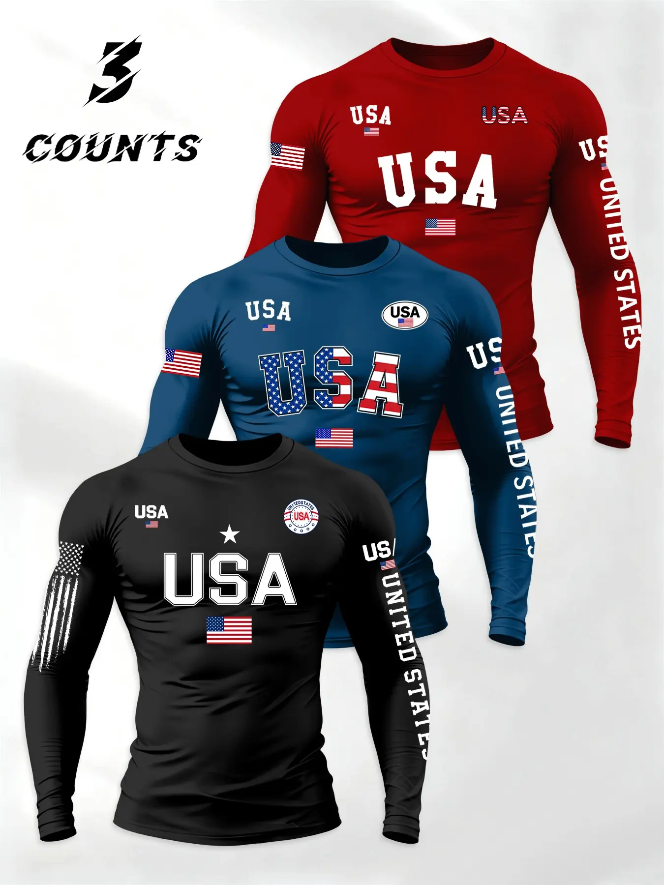 Men's Fitness Long Sleeve T-Shirt Set, Soft Knit Fabric, Usa Flag Print, Outdoor Daily Gym Wear, Patriotic Activities, Must-Have Fashion Item, Athleisure Wear Set, Piece Workout Set