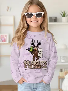 Long-sleeved round-neck drop-shoulder sweatshirt top T-shirt with light purple background and forest friends digital printing, long-sleeved T-shirt clothing for girls in spring and autumn, 100% polyester, the best gift for girls