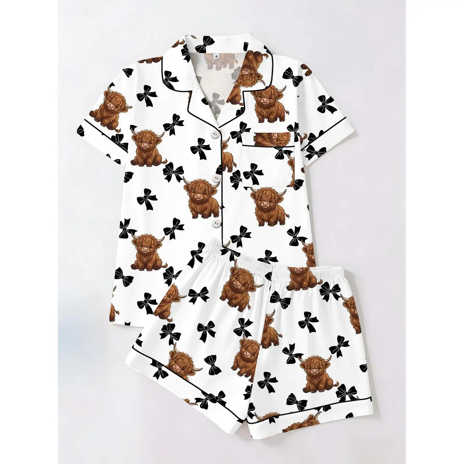 Women’s Spring & Summer Cardigan Pajama Set - Short Sleeve Collared Top & Shorts with Highland Cow & Bow Design for a Playful, Sweet Loungewear Look