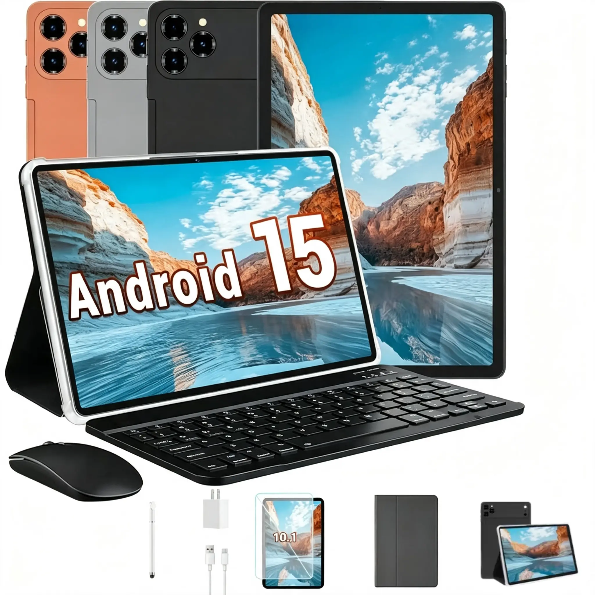 W&O 2026 10.1/ 11 Inch Android 15 Tablet, 8/12GB RAM 256GB Expandable Storage, 10000mAh Long-Life Battery, HD Display, 5G Wi-Fi Tablet Bundle with Keyboard, Mouse, Case & Stylus, Dual Cameras for Study & Office Use