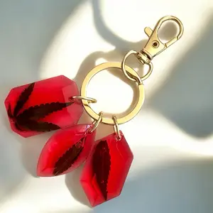 Ruby Rose Gardener Keychain with Red Leaf Design and Gold-tone Ring