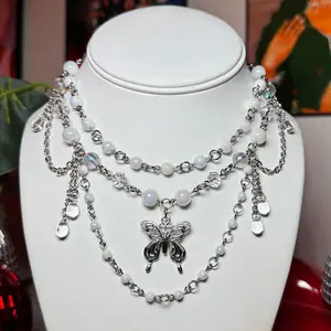 Veil Butterfly Necklace handmade layered butterfly glass beaded stainless steel necklace for women