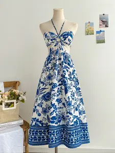 Women's Blue Ethnic Floral Halter Dress, Bohemian Style, Slim-Fitting, Lace-Up Hollow Out Waist, Casual Holiday Wear
