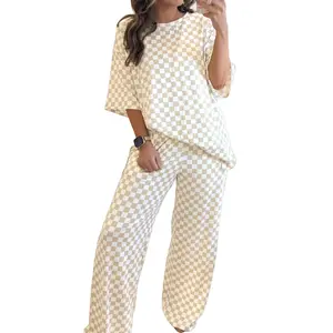 Mntaor Women's Khaki Checkered Print Two-Piece Lounge Set Short Sleeve Top & Wide Leg Pants for Comfortable At Home & Casual Wear