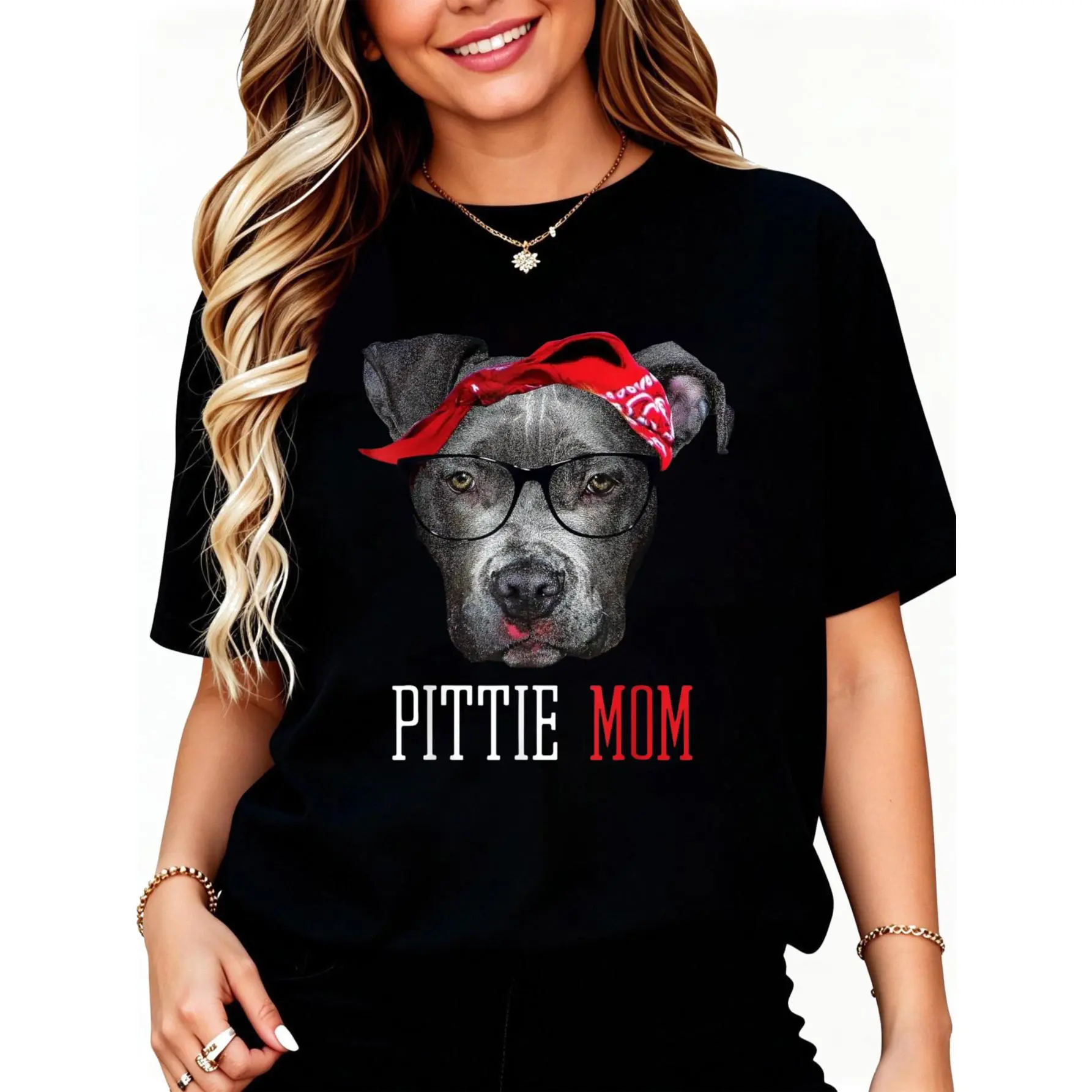 Women's Casual Short-Sleeve Everyday Graphic T-Shirt, Pittie Mom Pitbull Dog Lover Lady's Mother's Day Gift, Shortsleeve, Round Neck, Top