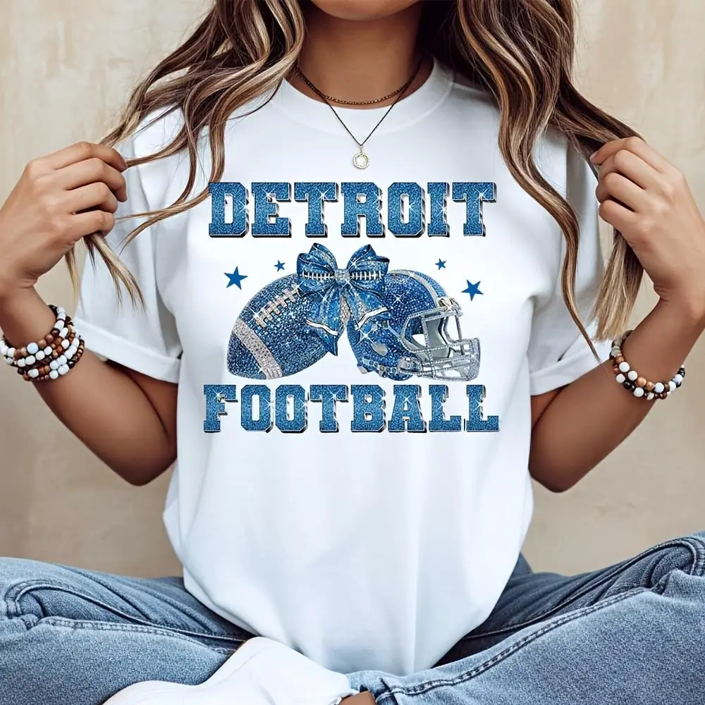 Detroit Football Glitter Helmet Bow Print T-Shirt, NFL Team Spirit Fan Apparel, Casual Game Day Wear