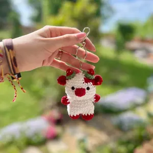Crochet Strawberry Cow Keychain, Cute Cow Keyring, Handmade Purse Accessory, Gift for Her