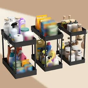 3-Pack Under Sink Storage Rack, 2-Tier Black Bathroom Cabinet Organizer, Multi-Functional Kitchen & Bathroom Storage Shelf, Countertop Organizer with Hooks