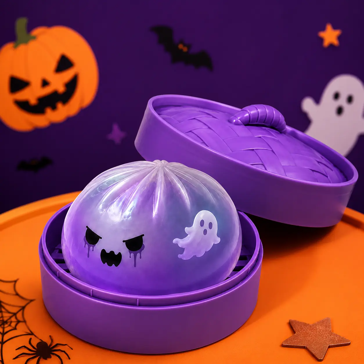 Ghost Steamed Bun Squishy Stress Ball with Purple Steamer Case, Soft Fidget Sensory Toy, Cute Stress Relief Desk Toy
