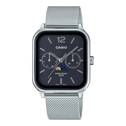 Casio MTPM305MC-1AV Silver/Black Men's Analog Watch, Classic Lunar Design with Lunar Phases Tracking, Stainless Steel Mesh Band, 50M Water Resistant, Stylish Fashion Timepiece