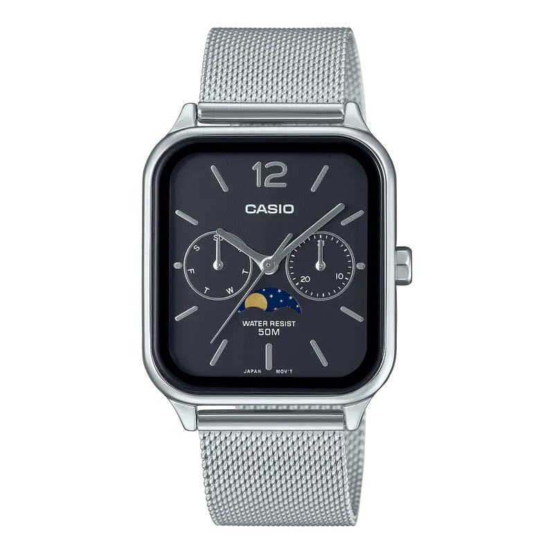 Casio MTPM305MC-1AV Silver/Black Men's Analog Watch, Classic Lunar Design with Lunar Phases Tracking, Stainless Steel Mesh Band, 50M Water Resistant, Stylish Fashion Timepiece
