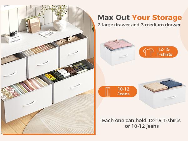 Sweetcrispy 5-Drawer Sturdy Chest of Drawers - Modern Dresser Storage Chest with Fabric Bins & Black Wood Top, Organizer Storage, Furniture for Small Spaces, Small Room Organization Products, Apartment Credenza Cabinet, Closet Organization, Storage Organi