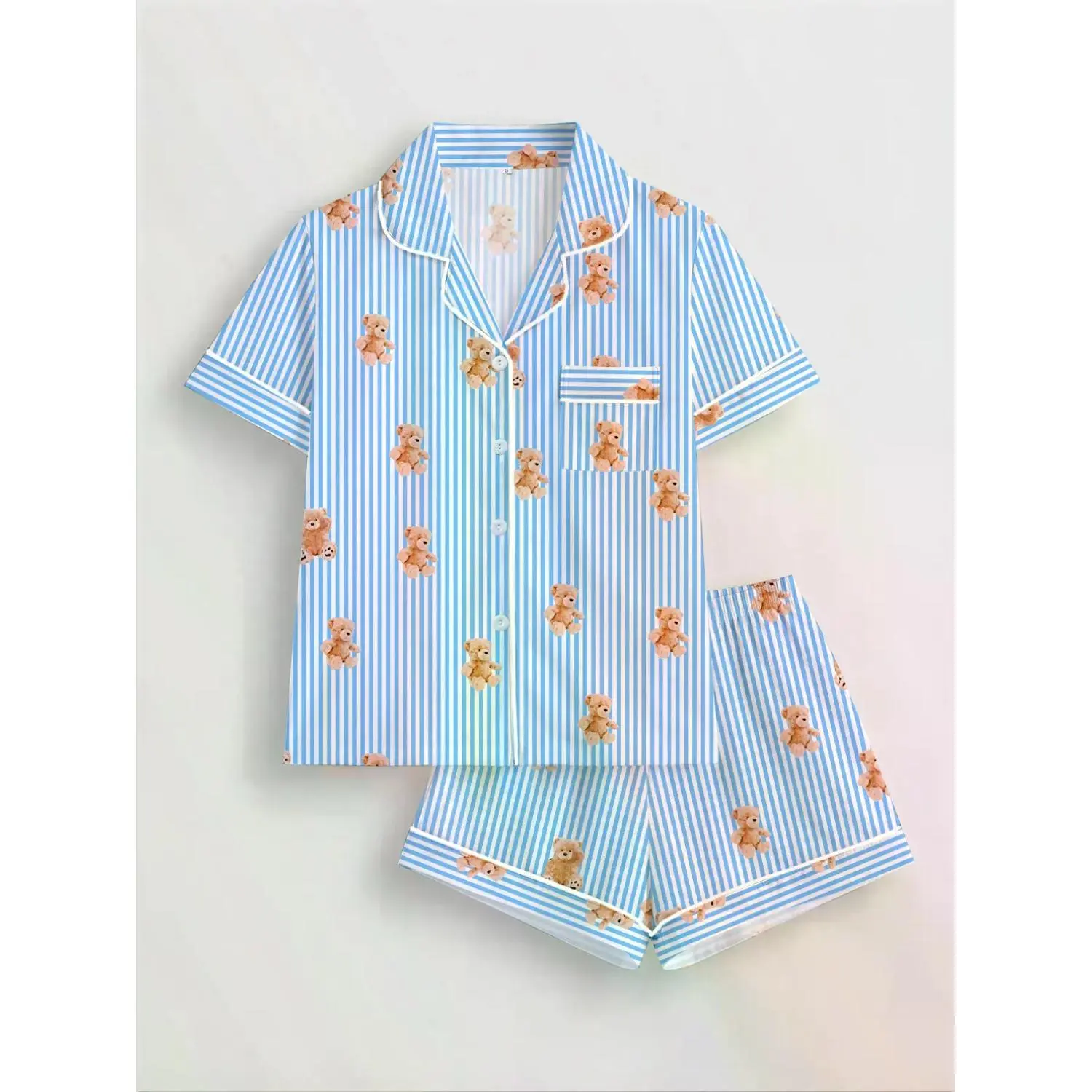 Charming Teddy Bear Print Women's Pajama Set - Soft, Breathable Sleepwear for Cozy Nights