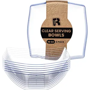 6 Pack Square Plastic Serving Bowls - Clear Plastic bowls 16 Oz - Disposable Serving Bowls Heavy Duty For Weddings Catering And Birthday parties