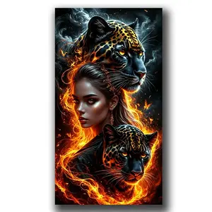 Large Size Panther Leopard Fire Woman Picture, DIY Diamond Painting, Cross Stitch Full Drills, Animal Mosaic, Home Decor, Art
