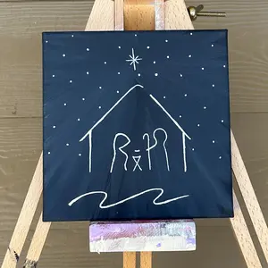 Navy And White Nativity Canvas Painting 8x8