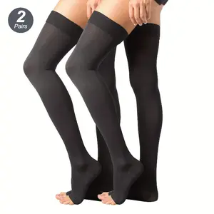 Coast Blend Threads 2 Pairs of Open Toe Compression Stockings, Knit Fabric, Nylon 70.90%, Polyester 13.50%, Spandex 15.60%, Solid Color, Machine Washable - Thigh High Pressure Socks