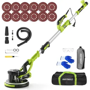 Drywall Sander, Powerful Electric Drywall Sander with Vacuum Dust Collection, 5 Speed 1000-2100 RPM, Popcorn Ceiling Remover, LED Light & 12 Sanding Discs, Extendable Handle (GREEN)