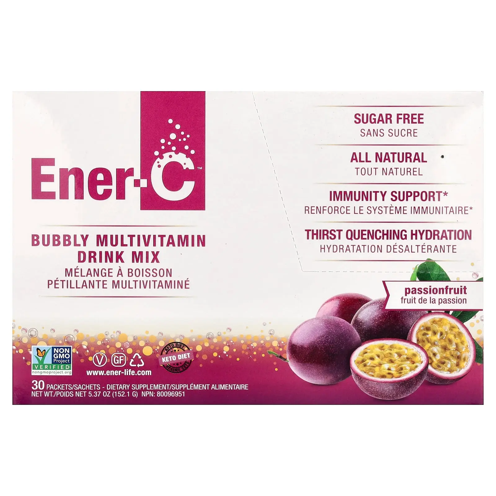 Ener-C Bubbly Multivitamin Drink Mix, Passionfruit, 30 Packets, 0.2 oz (5.07 g) Each