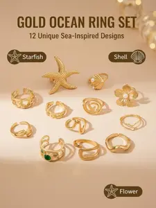 12pcs Ocean-Inspired Ring Set✨18K Gold Plated | Starfish & Shell Details | Perfect for Beach, Party & Everyday Stacking