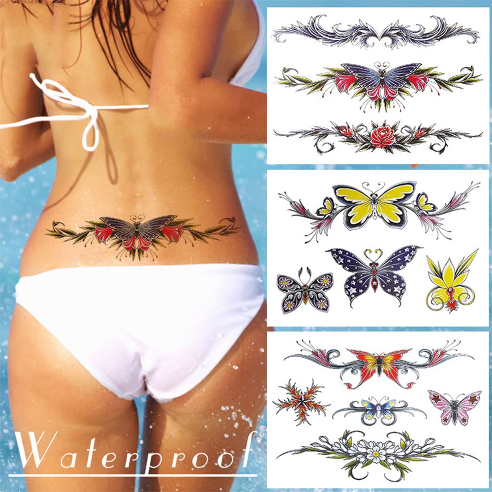 Rechal 8 Sheets Belly Tattoos Stickers Temporary Fun Waist Cover Scar Female Tattoo Waterproof for Female Women and Girls